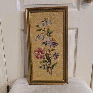VTG MCM Floral Framed Needlepoint Embroidered Tapestry Weaving 18x 9 Cottagecore